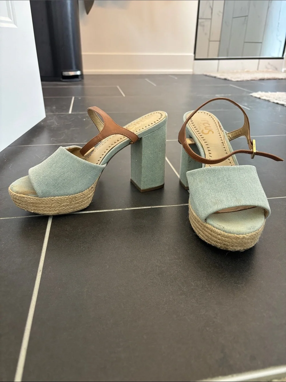 Women's denim Platform Sandal with Brown Strap